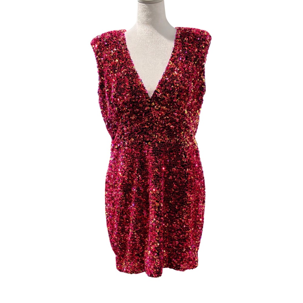 Helsi Jodi Plunging Sequin Mini Dress‎ Women XL Pink Red V-Neck Cocktail - Picture 2 of 10